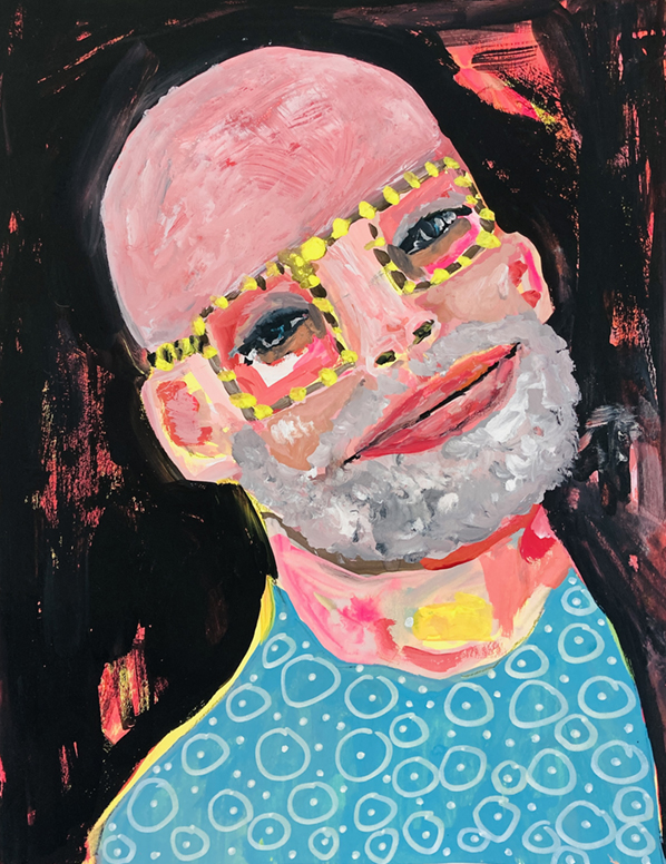 Gouache portrait painting of a man titled Happy Life by Katie Jeanne Wood