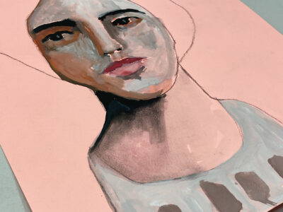 Gouache figure painting of a woman titled Push Into New Directions by Katie Jeanne Wood