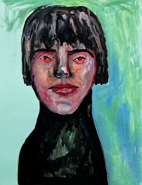 Gouache portrait painting of an woman titled She Moved Zombie Like by Katie Jeanne Wood