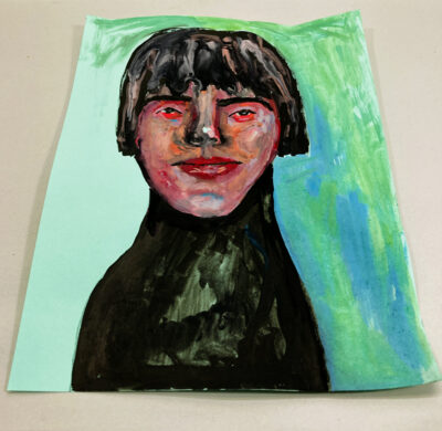 Gouache portrait painting of an woman titled She Moved Zombie Like by Katie Jeanne Wood