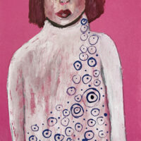 Gouache portrait painting of an woman titled Thrift Store Sweater by Katie Jeanne Wood
