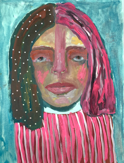 Gouache portrait painting of a woman titled vibrant on the Surface by Katie Jeanne Wood