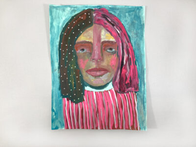Gouache portrait painting of a woman titled vibrant on the Surface by Katie Jeanne Wood