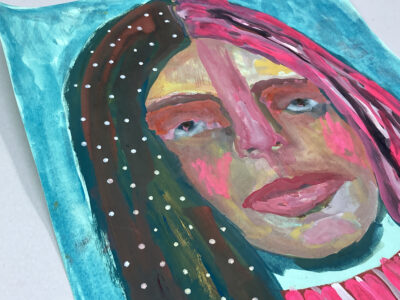 Gouache portrait painting of a woman titled vibrant on the Surface by Katie Jeanne Wood