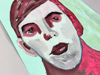 Gouache portrait painting of a man titled Wandering Around by Katie Jeanne Wood