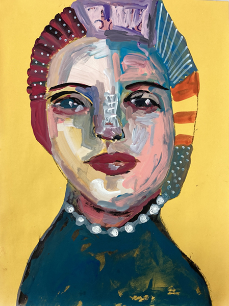 Gouache portrait painting of an woman titled Well Earned Attention by Katie Jeanne Wood