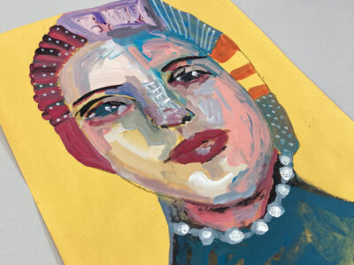 Gouache portrait painting of an woman titled Well Earned Attention by Katie Jeanne Wood