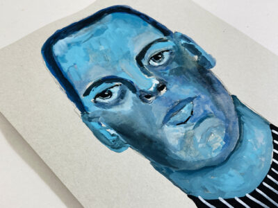 Original expressive blue tonal gouache portrait painting of a man titled A Common Reaction by Katie Jeanne Wood