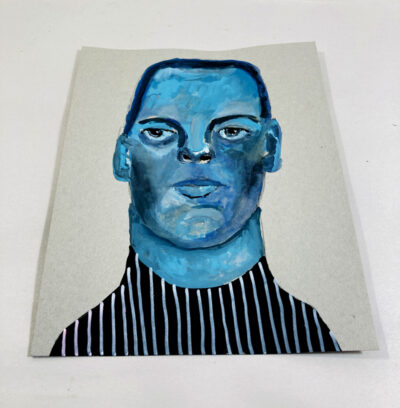 Original expressive blue tonal gouache portrait painting of a man titled A Common Reaction by Katie Jeanne Wood