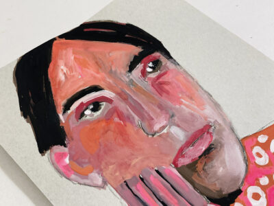 Original portrait painting of a moping boy titled Secretly Ecstatic by Katie Jeanne Wood