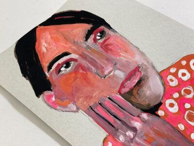Original portrait painting of a moping boy titled Secretly Ecstatic by Katie Jeanne Wood