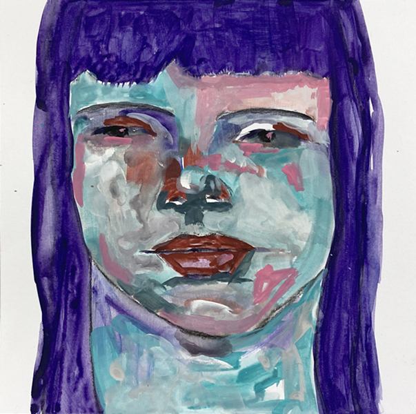 Gouache portrait painting titled Afraid To Look by Katie Jeanne Wood