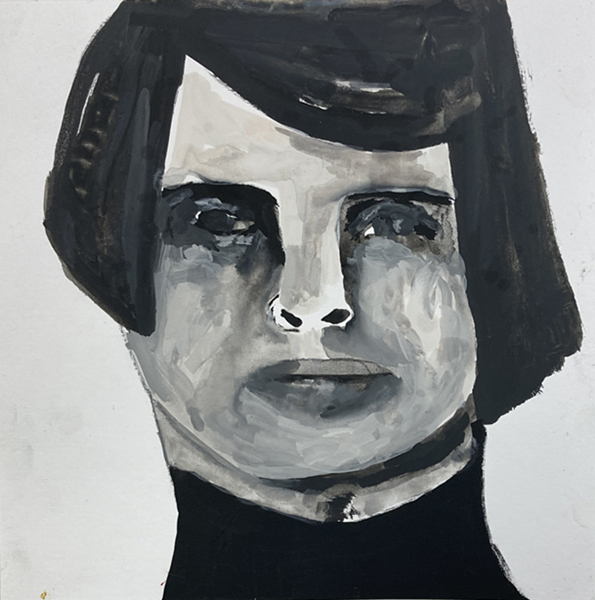Black & white gouache portrait painting titled Beyond Grief by Katie Jeanne Wood