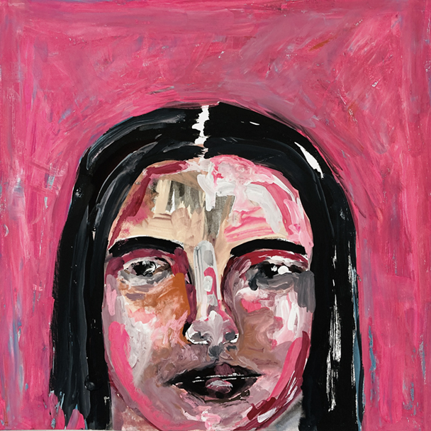 Pink gouache portrait painting titled Blossoming by Katie Jeanne Wood