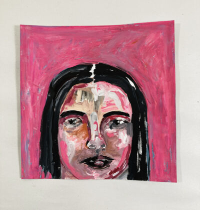 Pink gouache portrait painting titled Blossoming by Katie Jeanne Wood