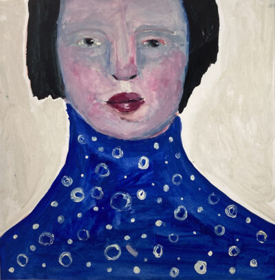 Blue gouache portrait painting titled Clutter Free Mind by Katie Jeanne Wood
