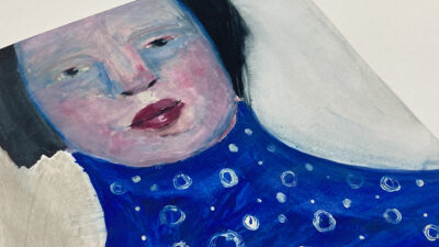 Blue gouache portrait painting titled Clutter Free Mind by Katie Jeanne Wood