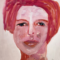 Pink gouache portrait painting titled Creative Tension by Katie Jeanne Wood