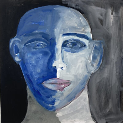 Blue gouache portrait painting titled From Death to Rebirth by Katie Jeanne Wood