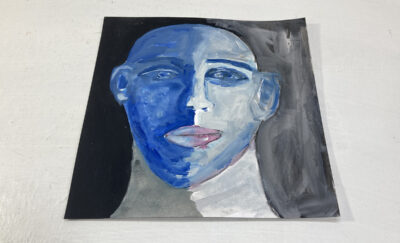 Blue gouache portrait painting titled From Death to Rebirth by Katie Jeanne Wood