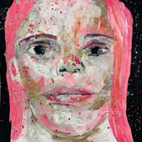Gouache portrait painting of a woman with pink hair titled Get Over It by Katie Jeanne Wood