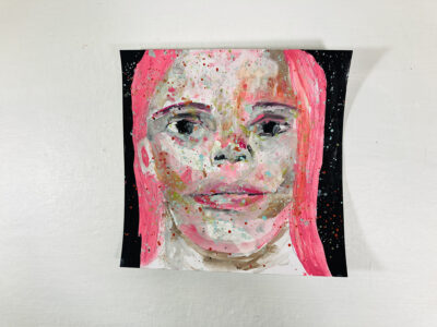 Gouache portrait painting of a woman with pink hair titled Get Over It by Katie Jeanne Wood