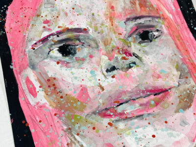 Gouache portrait painting of a woman with pink hair titled Get Over It by Katie Jeanne Wood