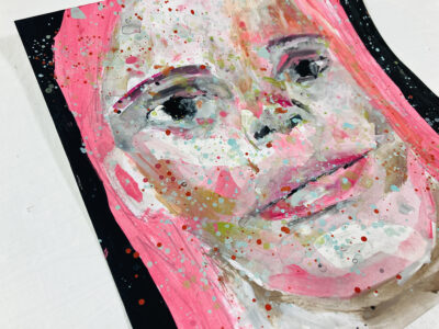 Gouache portrait painting of a woman with pink hair titled Get Over It by Katie Jeanne Wood