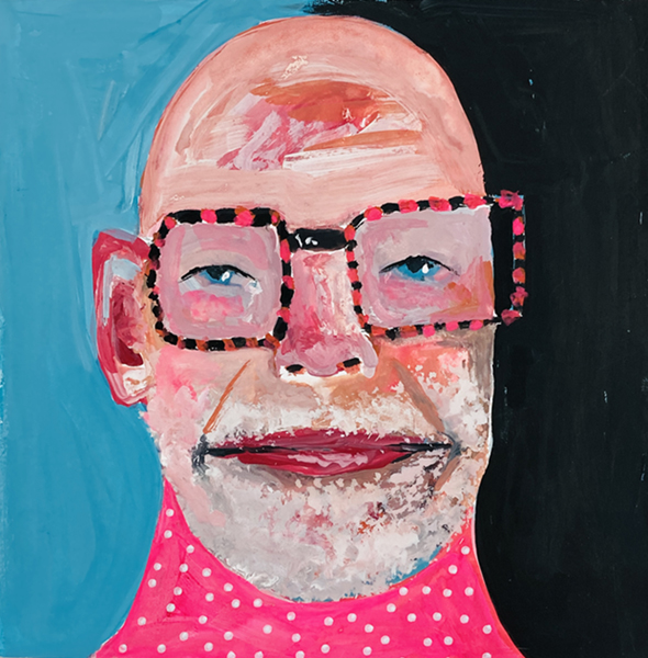 Gouache portrait painting of a man titled Happy And Full of Joy by Katie Jeanne Wood