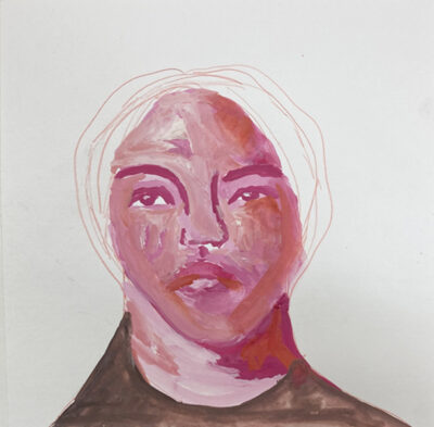 Gouache portrait painting of a woman titled Making Personal Progress by Katie Jeanne Wood