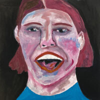 Gouache portrait painting of a happy woman titled No One Could Burst Her Bubble by Katie Jeanne Wood