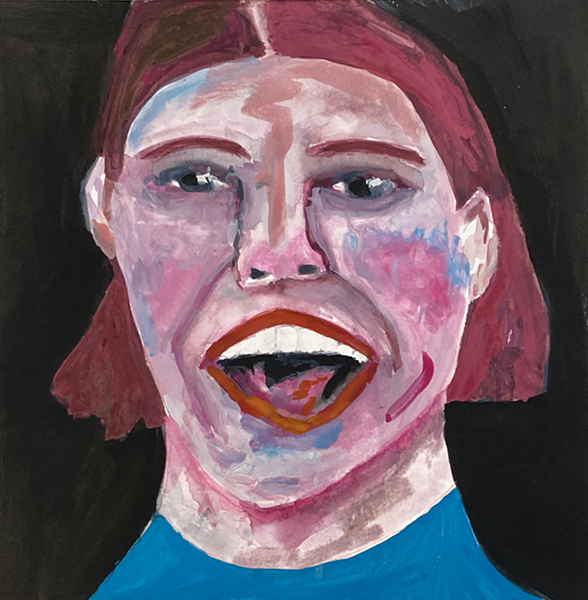 Gouache portrait painting of a happy woman titled No One Could Burst Her Bubble by Katie Jeanne Wood