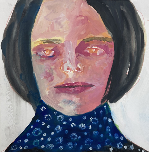 Gouache portrait painting of a woman titled Odd Friday by Katie Jeanne Wood