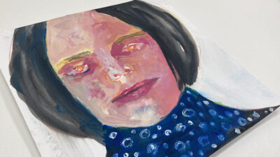 Gouache portrait painting of a woman titled Odd Friday by Katie Jeanne Wood