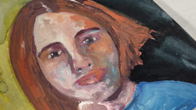 Gouache portrait painting of a woman titled Rainy Days by Katie Jeanne Wood