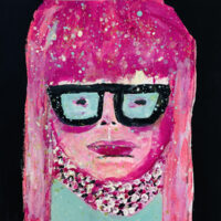 Original expressive gouache portrait painting of a woman with pink hair titled Snowing Again by Katie Jeanne Wood