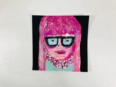 Original expressive gouache portrait painting of a woman with pink hair titled Snowing Again by Katie Jeanne Wood