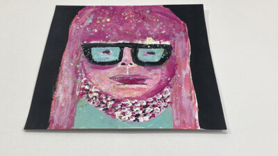 Original expressive gouache portrait painting of a woman with pink hair titled Snowing Again by Katie Jeanne Wood