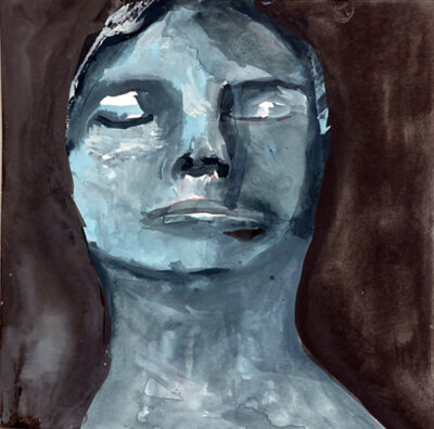 Original expressive blue tonal gouache portrait painting of a person titled Stoic by Katie Jeanne Wood