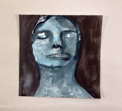 Original expressive blue tonal gouache portrait painting of a person titled Stoic by Katie Jeanne Wood