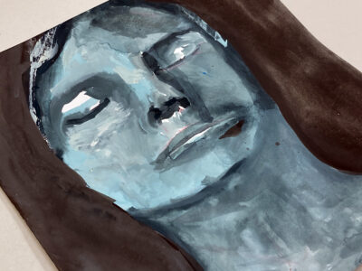 Original expressive blue tonal gouache portrait painting of a person titled Stoic by Katie Jeanne Wood