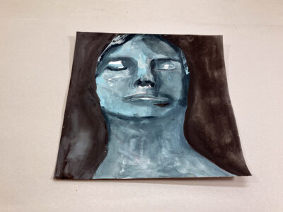 Original expressive blue tonal gouache portrait painting of a person titled Stoic by Katie Jeanne Wood