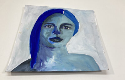 Original expressive blue tonal gouache portrait painting of a woman titled Stripped Bare by Katie Jeanne Wood