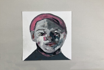 Original expressive gouache portrait painting of a man titled Taking Up Residency In His Head by Katie Jeanne Wood