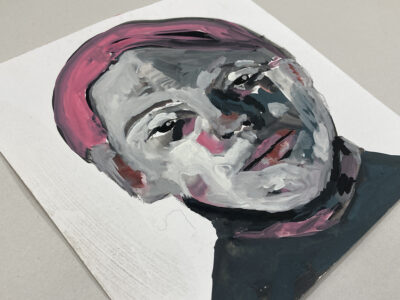 Original expressive gouache portrait painting of a man titled Taking Up Residency In His Head by Katie Jeanne Wood