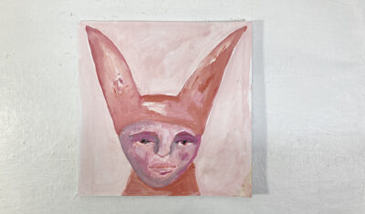 Original expressive gouache portrait painting of a man with rabbit ears titled The Marriage Counselor by Katie Jeanne Wood