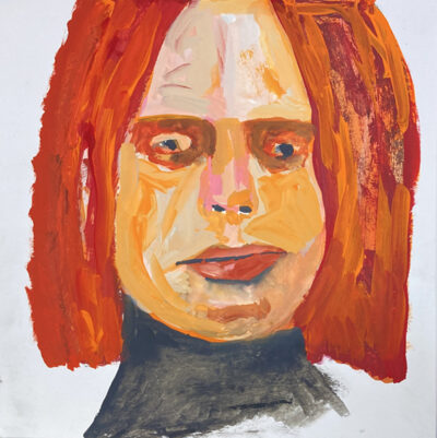 Original expressive gouache portrait painting of a woman with red hair titled Then Everything Changed by Katie Jeanne Wood