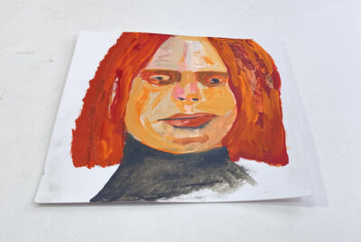 Original expressive gouache portrait painting of a woman with red hair titled Then Everything Changed by Katie Jeanne Wood