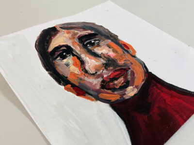 Original expressive gouache portrait painting of a man titled To Do Without by Katie Jeanne Wood