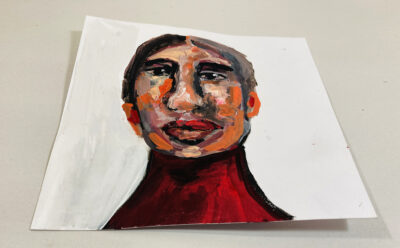 Original expressive gouache portrait painting of a man titled To Do Without by Katie Jeanne Wood